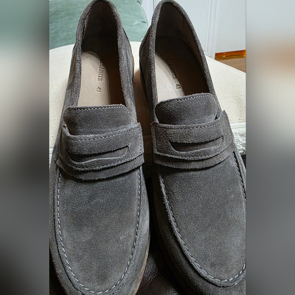 MENS Allsaints Sam Suede Loafer,Gray,New W/O Box, SIZE 8/41